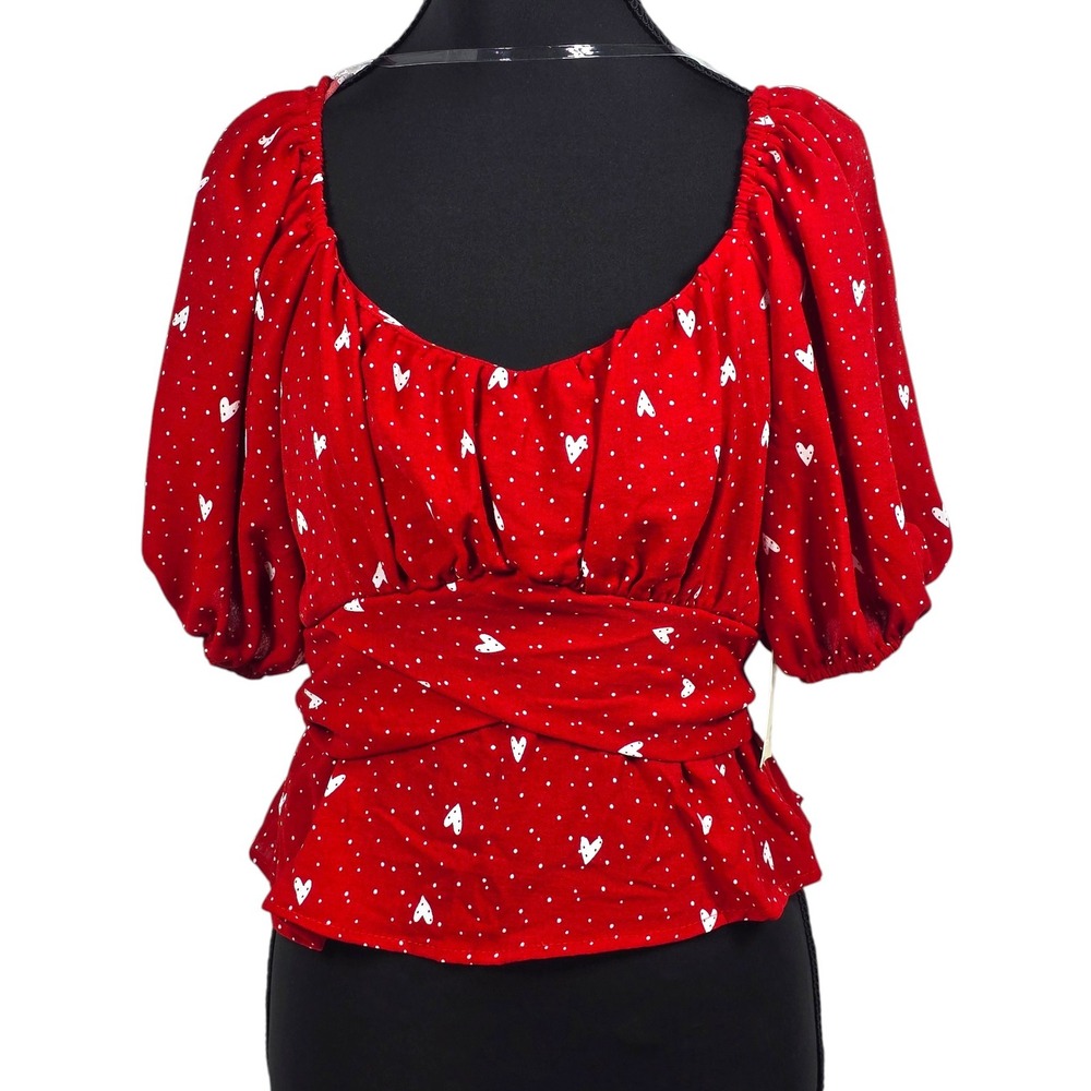 Pie In The Sky  Tie Waist Blouse MED Red Heart Polka Dot Peplum Puff Sleeve NEW